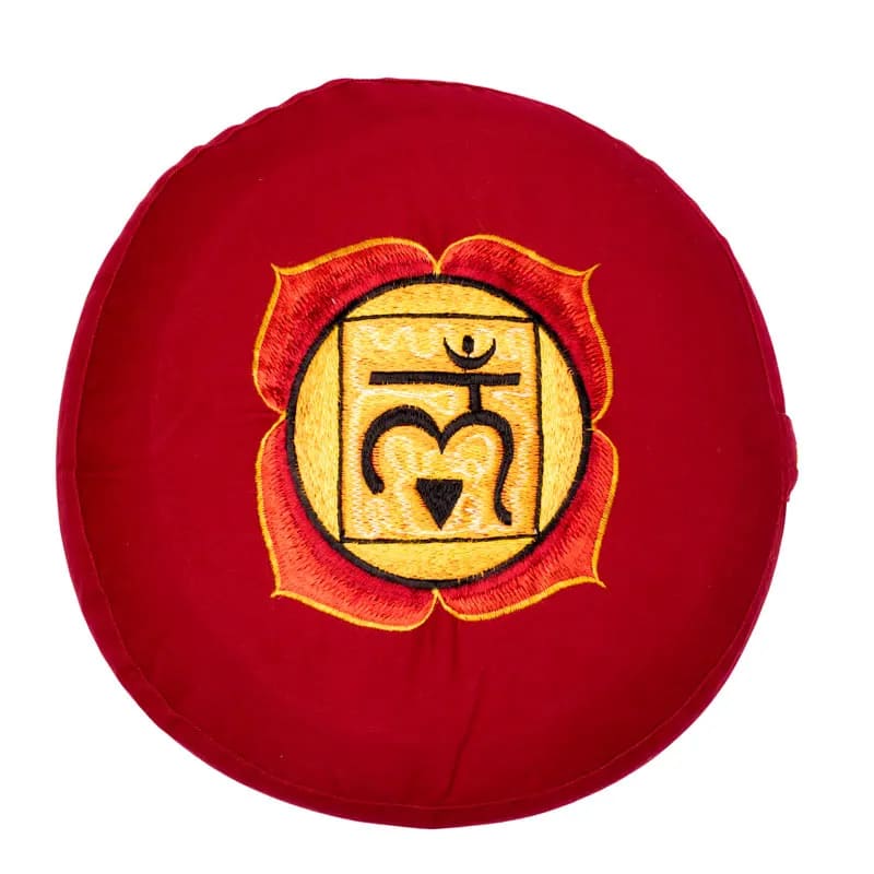 A selection of meditation or yoga cushions in the colors of the 7 chakras, made of organic cotton (OCS). 33 centimeters in diameter x 13 centimeters in height - 2300 grams. From Yogi &amp; Yogini, made in India! Cushions sold individually or in sets of 7!