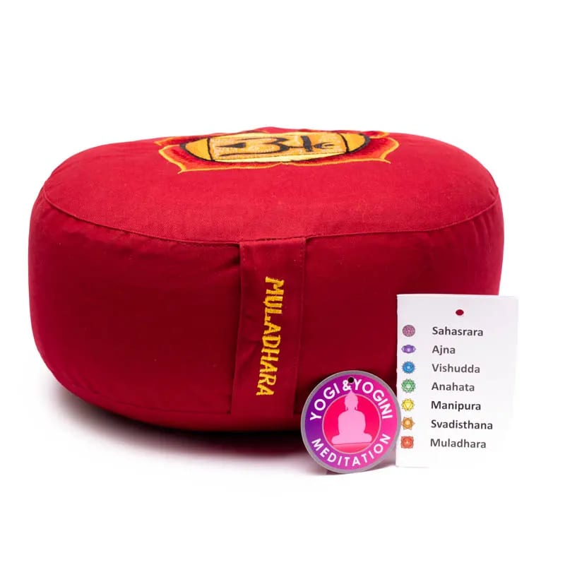 A selection of meditation or yoga cushions in the colors of the 7 chakras, made of organic cotton (OCS). 33 centimeters in diameter x 13 centimeters in height - 2300 grams. From Yogi &amp; Yogini, made in India! Cushions sold individually or in sets of 7!