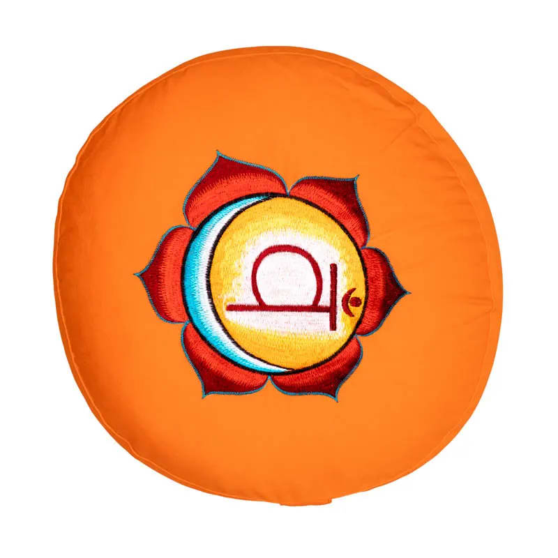 A selection of meditation or yoga cushions in the colors of the 7 chakras, made of organic cotton (OCS). 33 centimeters in diameter x 13 centimeters in height - 2300 grams. From Yogi &amp; Yogini, made in India! Cushions sold individually or in sets of 7!