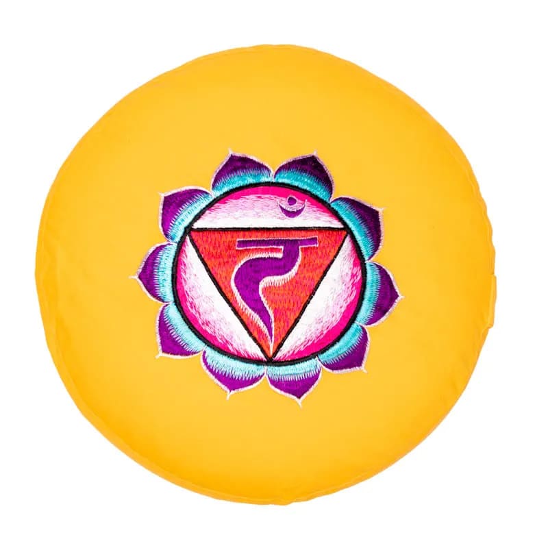 A selection of meditation or yoga cushions in the colors of the 7 chakras, made of organic cotton (OCS). 33 centimeters in diameter x 13 centimeters in height - 2300 grams. From Yogi &amp; Yogini, made in India! Cushions sold individually or in sets of 7!