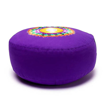 A selection of meditation or yoga cushions in the colors of the 7 chakras, made of organic cotton (OCS). 33 centimeters in diameter x 13 centimeters in height - 2300 grams. From Yogi &amp; Yogini, made in India! Cushions sold individually or in sets of 7!