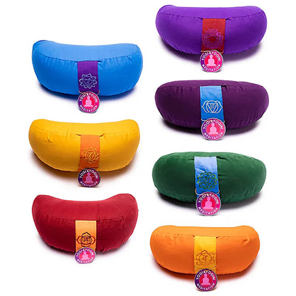 Half-moon yoga or meditation cushions, 33cm in diameter x 13cm in height. Cotton outer covers in the colors of the chakras! The inner covers are filled with buckwheat seeds!