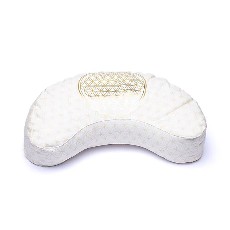 Set Tapis avec ou sans coussin/ bolster et demi-lune, ensemble de méditation et de yoga, couleur blanc/doré, avec motif de la fleur de vie, en coton biologique (OCS). Fait en Inde par Yogi & Yogini
