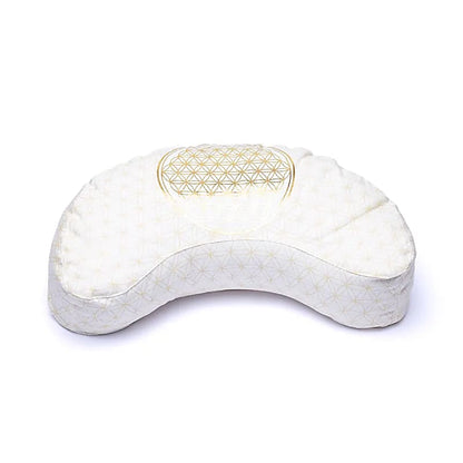 Set Tapis avec ou sans coussin/ bolster et demi-lune, ensemble de méditation et de yoga, couleur blanc/doré, avec motif de la fleur de vie, en coton biologique (OCS). Fait en Inde par Yogi & Yogini