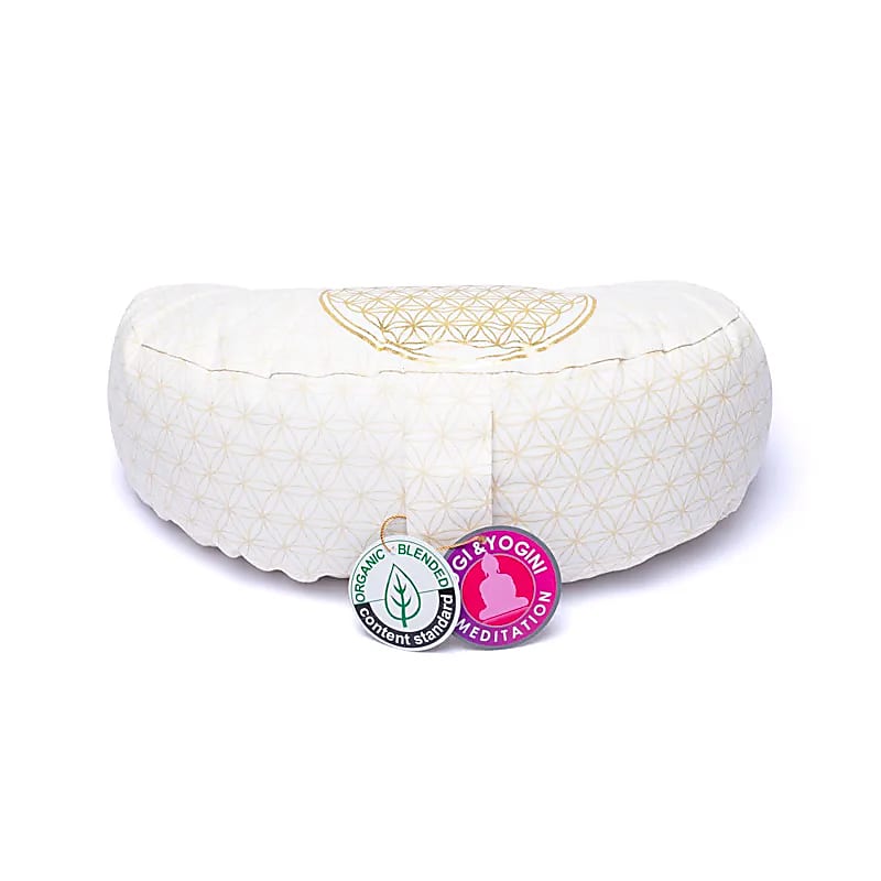 Set Tapis avec ou sans coussin/ bolster et demi-lune, ensemble de méditation et de yoga, couleur blanc/doré, avec motif de la fleur de vie, en coton biologique (OCS). Fait en Inde par Yogi & Yogini
