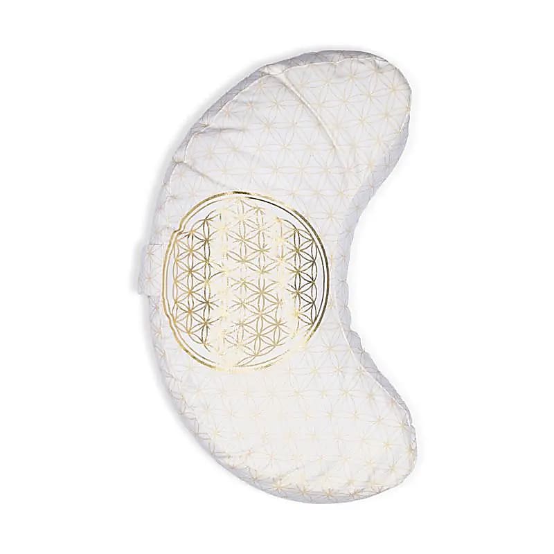 Set Tapis avec ou sans coussin/ bolster et demi-lune, ensemble de méditation et de yoga, couleur blanc/doré, avec motif de la fleur de vie, en coton biologique (OCS). Fait en Inde par Yogi & Yogini