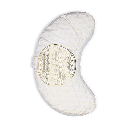 Set Tapis avec ou sans coussin/ bolster et demi-lune, ensemble de méditation et de yoga, couleur blanc/doré, avec motif de la fleur de vie, en coton biologique (OCS). Fait en Inde par Yogi & Yogini