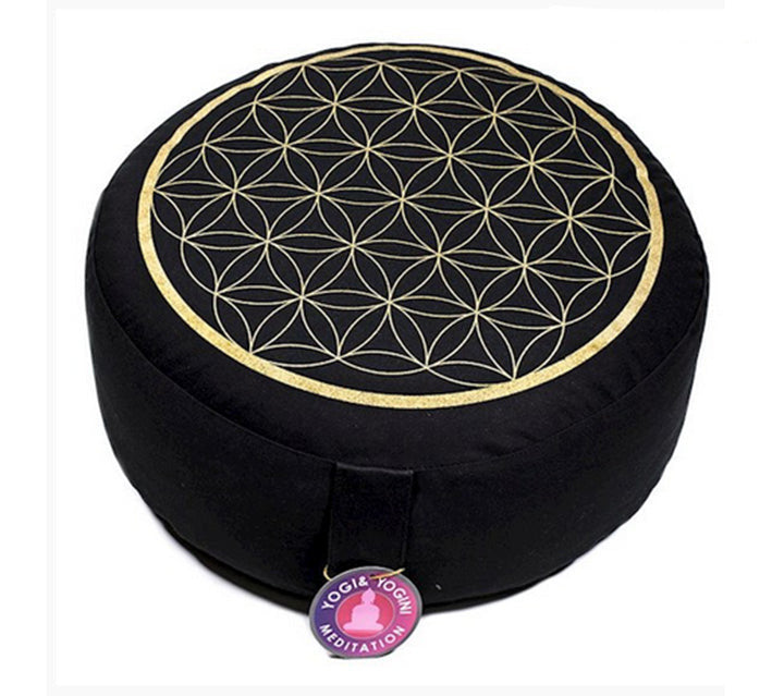 Coussin de Méditation ou de Yoga avec motif de la fleur de vie. Taille 33 centimètres de diamètre x 13 centimètres de hauteur. 2300 grammes. De chez Yogi & Yogini, fait en Inde !