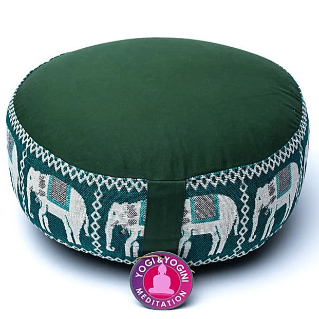 Coussin de Méditation ou de Yoga avec motif 'éléphant'. Taille 33 centimètres de diamètre x 13 centimètres de hauteur. 2300 grammes. De chez Yogi & Yogini, fait en Inde !