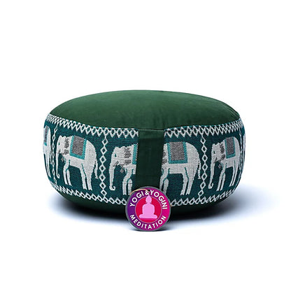 Coussin de Méditation ou de Yoga avec motif 'éléphant'. Taille 33 centimètres de diamètre x 13 centimètres de hauteur. 2300 grammes. De chez Yogi & Yogini, fait en Inde !