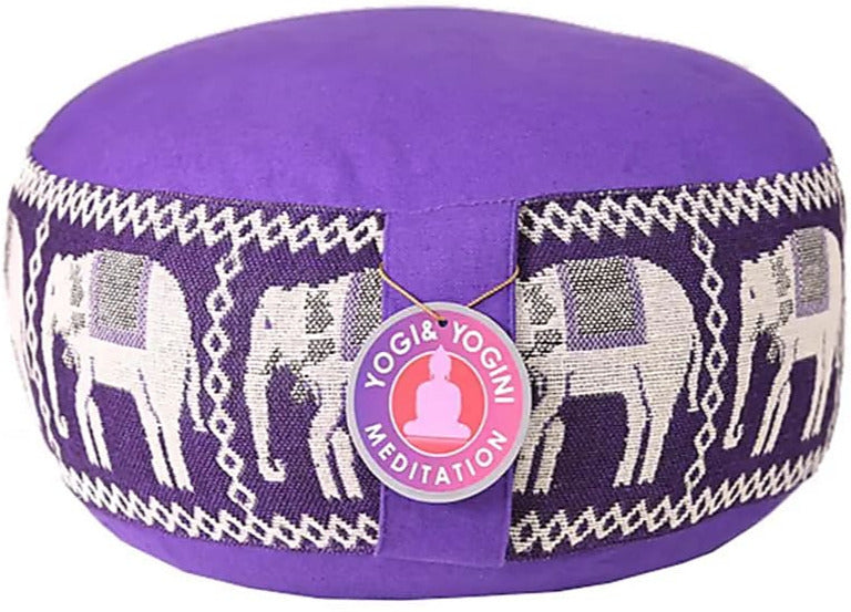 Coussin de Méditation ou de Yoga avec motif 'éléphant'. Taille 33 centimètres de diamètre x 13 centimètres de hauteur. 2300 grammes. De chez Yogi & Yogini, fait en Inde !