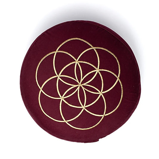 Meditation or yoga cushion with a flower of life motif. Size: 33 centimeters in diameter x 17 centimeters in height. 2300 grams. From Yogi &amp; Yogini, made in India!
