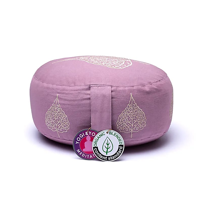 Coussin de Méditation/ Yoga avec le motif de la feuille de 'Bodhi', 33 centimètres de diamètre x 17 centimètres de hauteur. 2300 grammes. De chez Yogi & Yogini, fait en Inde !