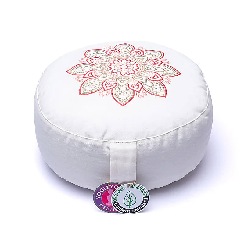 Coussin de Méditation/ Yoga avec le dessin d'un Mandala', 33 centimètres de diamètre x 17 centimètres de hauteur. 2300 grammes. De chez Yogi & Yogini, fait en Inde !