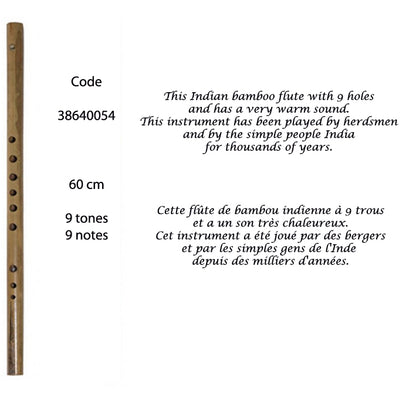 This 9-hole Indian bamboo flute is tuned to an Indian scale. It has a very warm sound. In India, this instrument has been played by shepherds and local people for thousands of years...