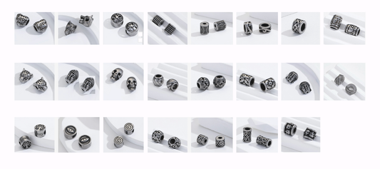 Sélection de perles avec gravures et formes diverses en acier inoxydable de 'haute qualité' pour la création de bracelets, colliers, Mala... De 8 à 20 millimètres - 23 Modèles au choix vendu à l'unité ou par 5 pièces !