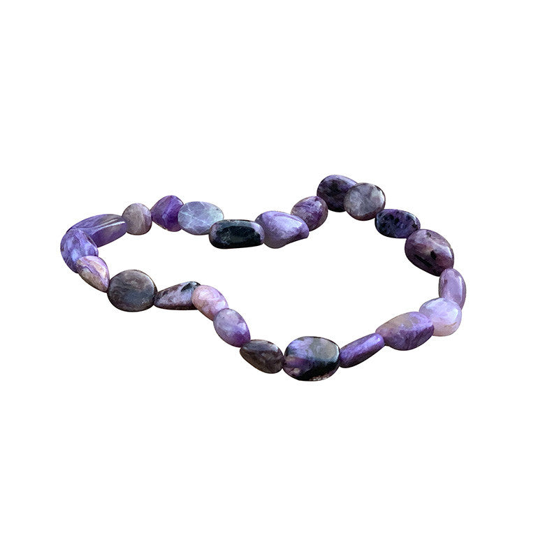 Charoite, bracelet de 17 à 21cm, collier de 42cm et sautoir de 60cm. Perles de type 'Graine' de formes naturelles montées sur fil de haute résistance !