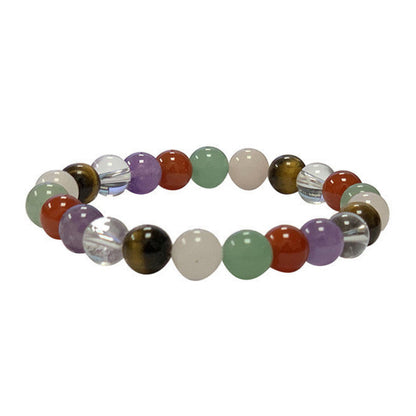 Multi-pierre multicolore, en bracelet de 17 à 21 cm, ou collier de 42 cm. Perles 'rondes' de 4, 6, 8 ou 10 millimètres. Oeil de tigre - cristal/ quartz - améthyste - cornaline - aventurine - quartz rose