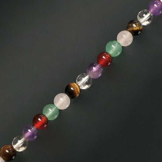 Multi-pierre multicolore, en bracelet de 17 à 21 cm, ou collier de 42 cm. Perles 'rondes' de 4, 6, 8 ou 10 millimètres. Oeil de tigre - cristal/ quartz - améthyste - cornaline - aventurine - quartz rose
