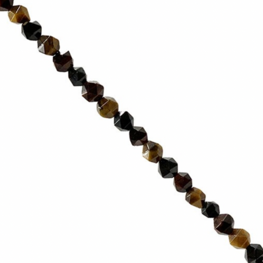 Perles 'Icosaèdres' de 6 millimètres en Oeil de tigre. Option de vente en : fil de perles 38/39 cm, en bracelet de 17 à 21cm, en collier de 45 ou sautoir de 60cm. Qualité AA à AAA, superbes perles !