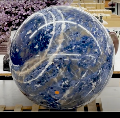 Rare, unique, and unimaginable! A giant Sodalite sphere, a unique piece weighing 215 kg and measuring 55 cm in diameter. It leaves you speechless! 