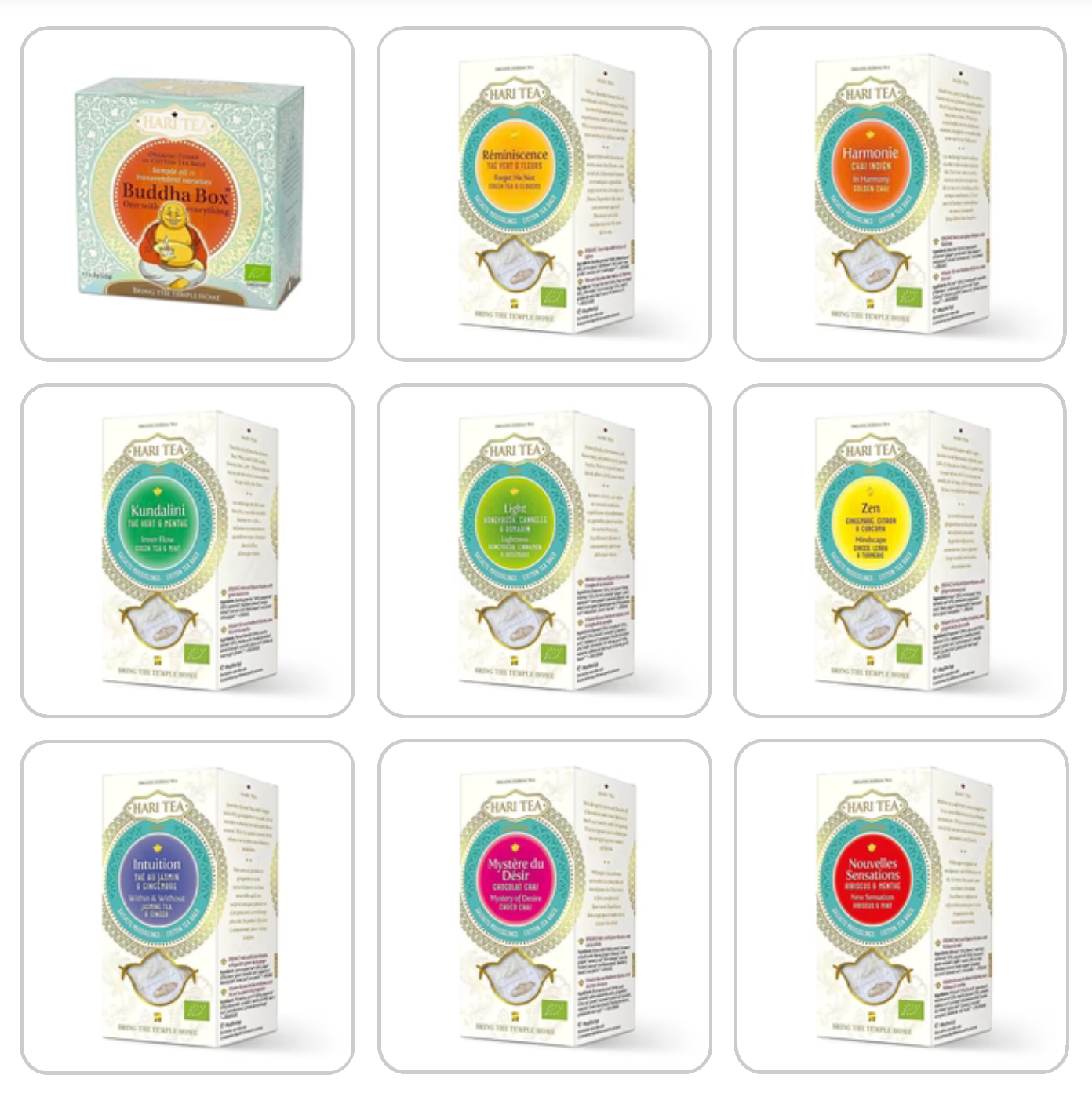 Infusion et Thé Bio. de chez 'Hari Tea', mélangé conformément à l'Ayurveda, boîte de 10 sachets ! 12 parfums au choix !