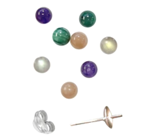 Perles 'rondes' de 8 millimètres 'semi-percées', pour création de puces/clous/ boucles d'oreilles. Conditionnement par lot de 8 pièces : 2 Améthyste - 2 Malachite - 2 Pierre de soleil -2 Labradorite