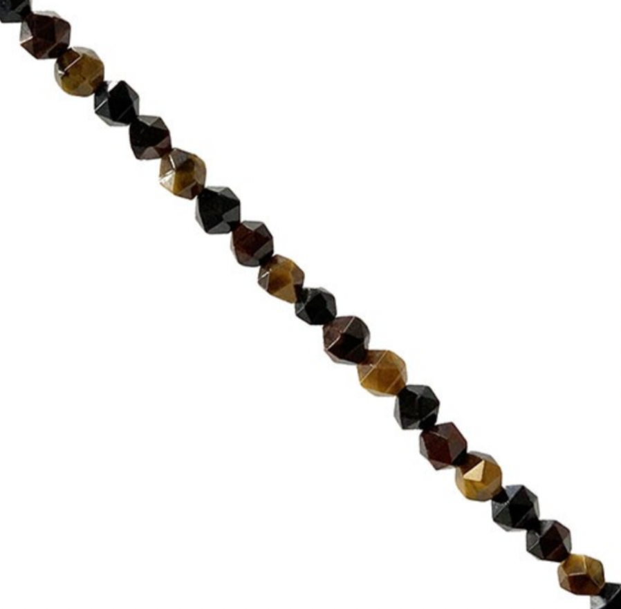 Perles 'Icosaèdres' de 6 millimètres en Oeil de tigre. Option de vente en : fil de perles 38/39 cm, en bracelet de 17 à 21cm, en collier de 45 ou sautoir de 60cm. Qualité AA à AAA, superbes perles !