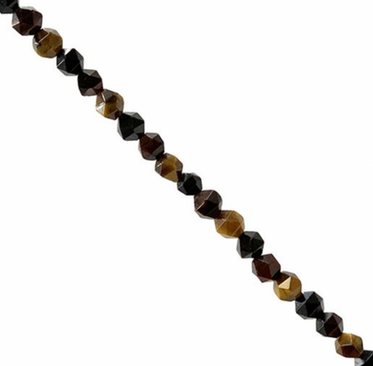 Perles 'Icosaèdres' de 6 millimètres en Oeil de tigre. Option de vente en : fil de perles 38/39 cm, en bracelet de 17 à 21cm, en collier de 45 ou sautoir de 60cm. Qualité AA à AAA, superbes perles !