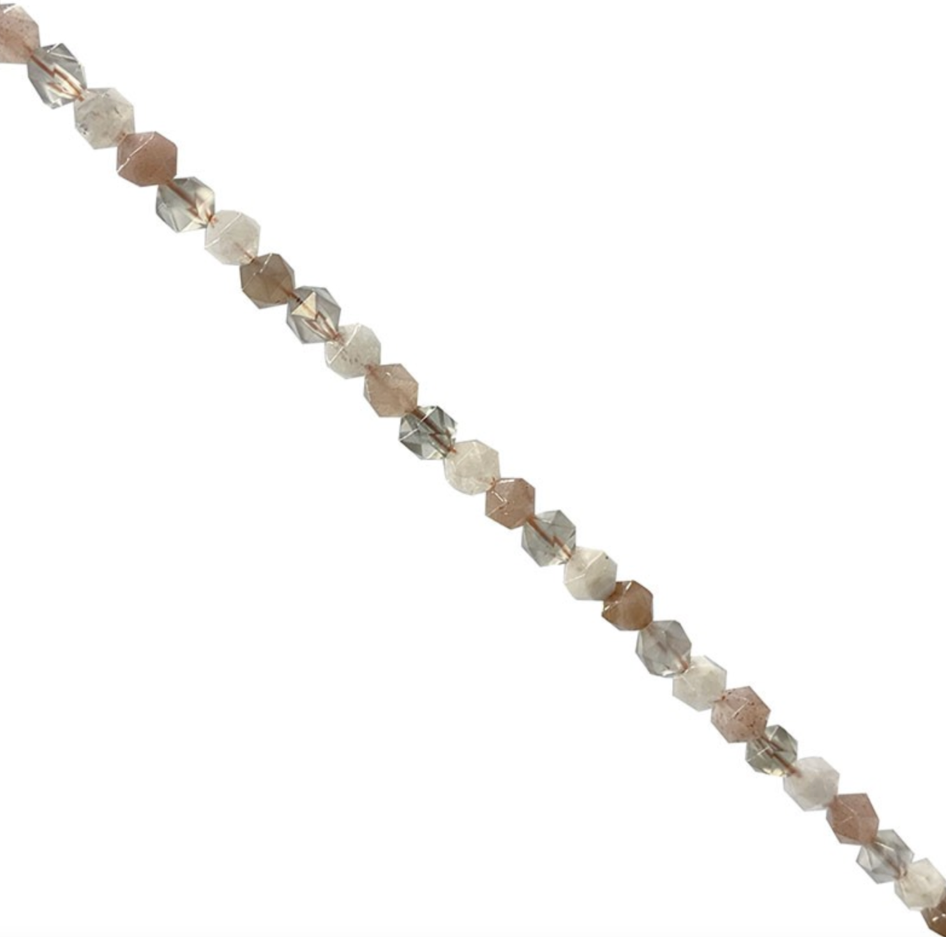 Perles 'Icosaèdres' de 6 millimètres en Pierre de lune et pierre de soleil. Option de vente en : fil de perles 38/39 cm, en bracelet de 17 à 21cm, en collier de 45 ou sautoir de 60cm. Qualité AA à AAA, superbes perles !
