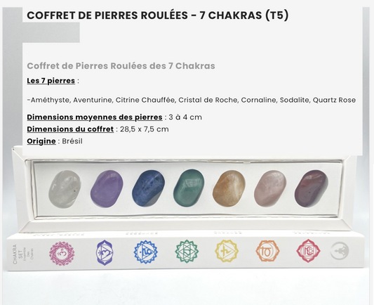 Deluxe 7 Chakra Kits, 7 stones measuring 3 to 4 centimeters. Perfect for lithotherapy, as a gift, as a collection... perfect!