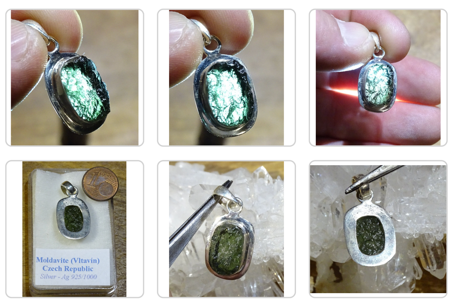 MOLDAVITE - Pendentif en Argent de 3,6 grammes. 30x15x0,8mm. Magnifique pièce !
