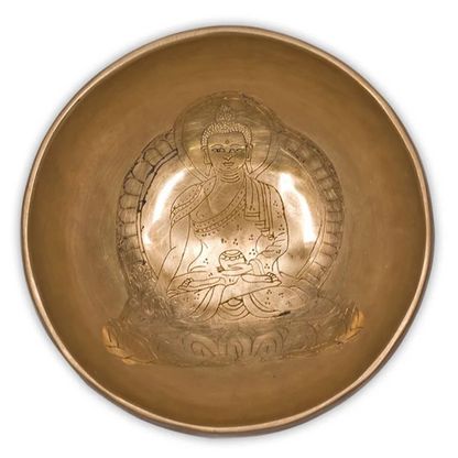 Bowl with Medicine Buddha engraving, 13 centimeters - ±550 grams. Sold with a matching mallet! Magnificent piece!