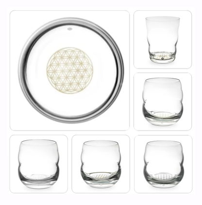 Verres de chez 'nature's design', modèle 'Jasmina' 300ml et 'Mythos' 250ml, avec le symbole gravé de la fleur de vie ! verre sans plomb soufflé à la bouche ! Vendu à l'unité !