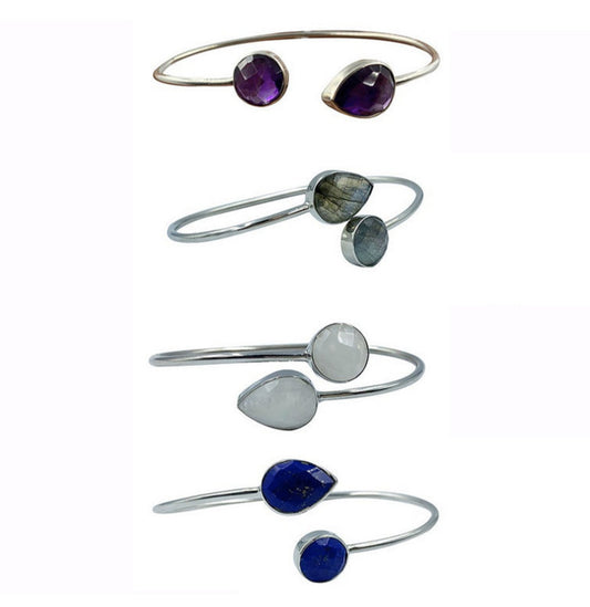 Collection of 'Bangle' type bracelets in 0.925 Silver, high quality stone cabochons: Amethyst, Lapis, Labradorite, Moonstone!