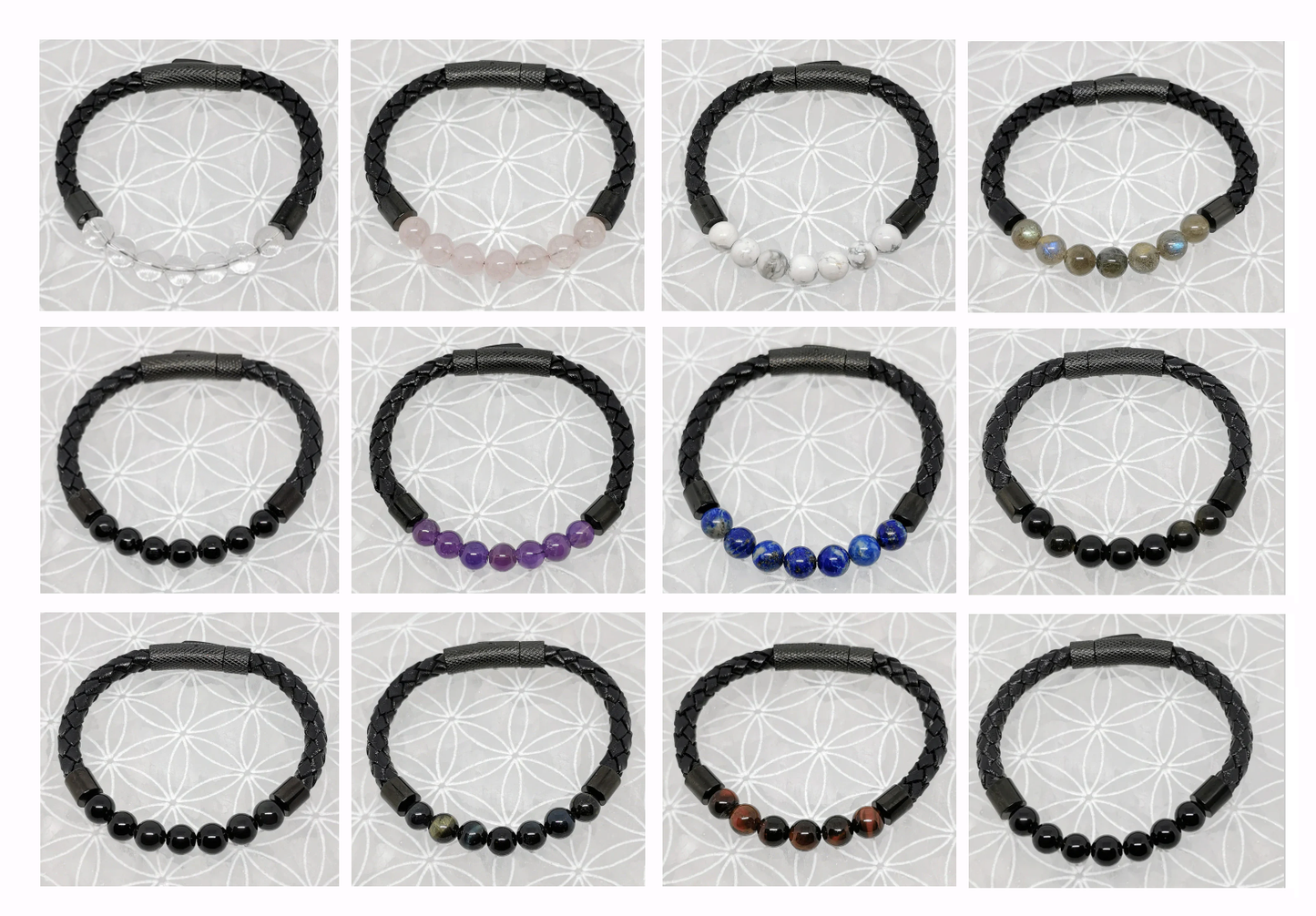 Collection n°3 de bracelets, 'Cuir & fermoir magnétique", simple rang, avec perles de 8 mm - 20,5 cm de longueur !