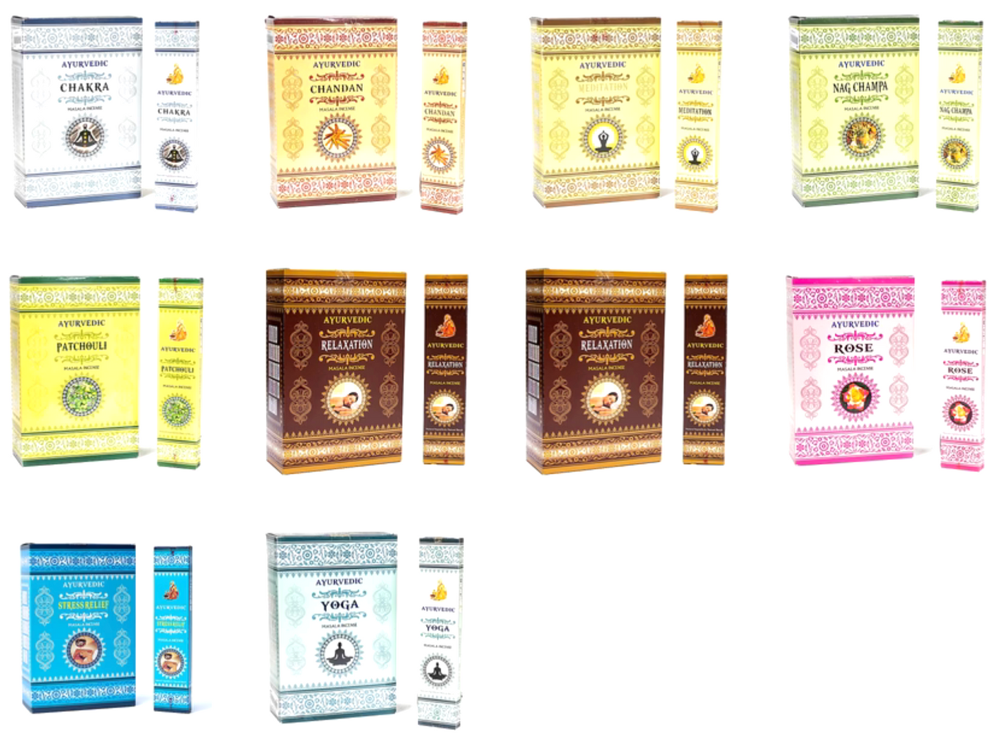 Ayurvedic incense from 'Masala Incense', 12 fragrances to choose from. 100% natural, hand-rolled without toxic materials. The box contains 12 packs of 15 incense sticks per pack. Burn time: ± 60 minutes per stick. Sold individually or in packs of 12!