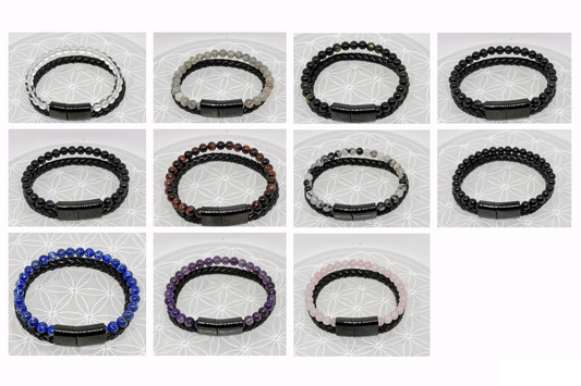 'Leather &amp; Magnetic Closure' bracelet collection, double-strand of 8 millimeter beads. Available in 20.5 cm length. Beautiful AA to AAA quality beads!