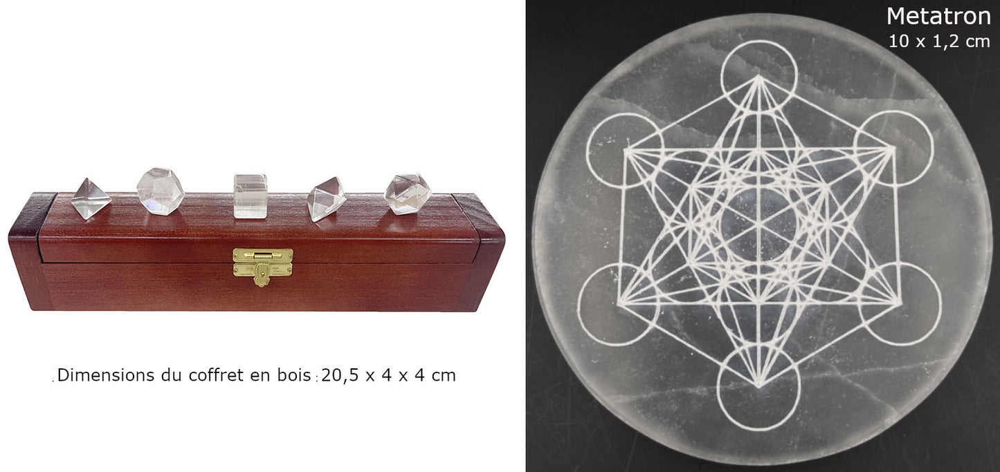 Solides de Platon en cristal de roche. Ø de 1.3 à 1.7 cm - 5 à 7gr. Vendu avec ou sans coffret en bois + disque de sélénite en option !