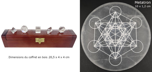 Rock crystal Platonic Solids. Piece size: approx. 1.3 to 1.7 cm (5 to 7 g). Solids sold with or without a wooden box. Selenite disc optional. Perfect for studying sacred geometry! 