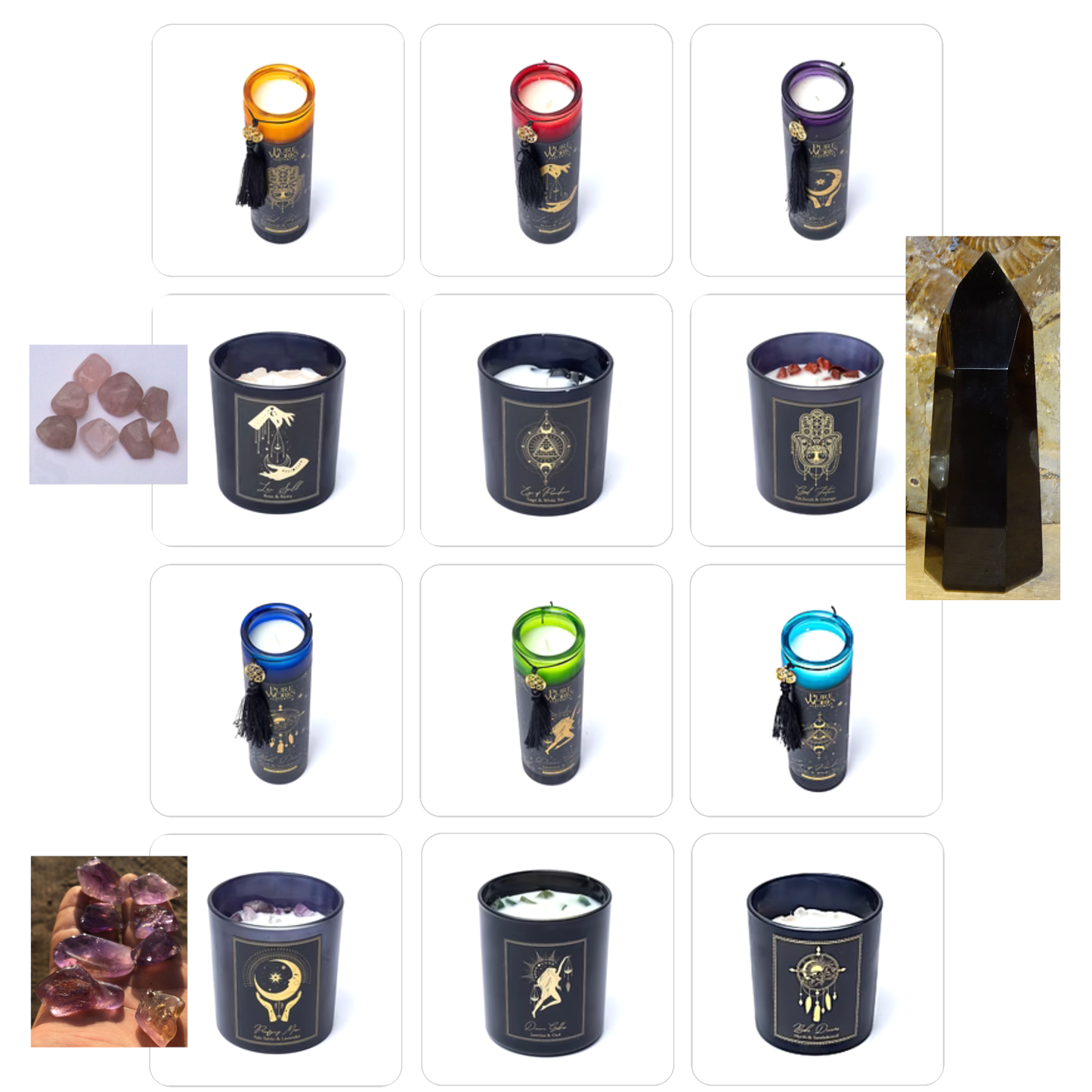 Bougies 'd'intentions' aux huiles essentielles et avec *** pierres précieuses *** de chez 'Song of India'. 20 ou 80H de combustion ! Lorsque la bougie brûle, les pierres précieuses coulent avec la cire, une fois terminée, vous conserver les pierres !