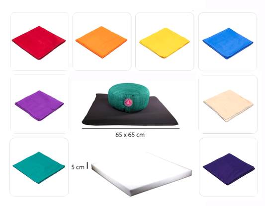 Meditation mat cover in cotton, 7 colors to choose from + 1 hemp model + 'foam square for padding' option. Size 65x65x5 centimeters. Made in Nepal!