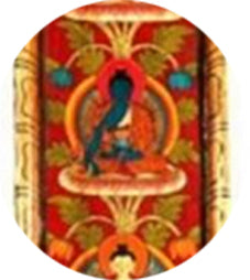Thangka/ panneau en bois de 91 x 20 centimètres, incroyable conception dans un cadre en bois de pin, avec les 5 Bouddhas !