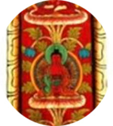 Thangka/ panneau en bois de 91 x 20 centimètres, incroyable conception dans un cadre en bois de pin, avec les 5 Bouddhas !