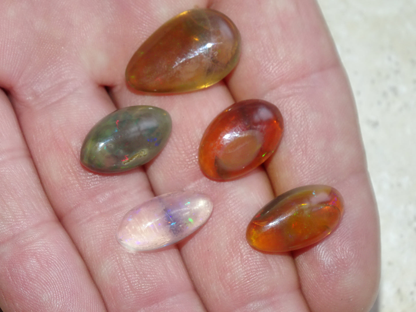 Opale multi-feu, cabochons au choix de 1,9x0,8x7 millimètres à 23x15x0,9. L'authentique et mythique pierre pafait en bijouterie, collection ,exposition...!