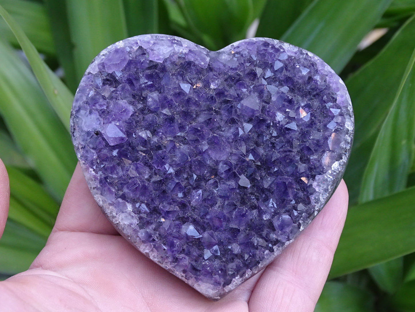 Druse en forme de coeur en amethyste, 84 x 81 x 22 millimètres - 290 grammes. Un violet intense, parfait pour recharger des minéraux, magnifique pièce !