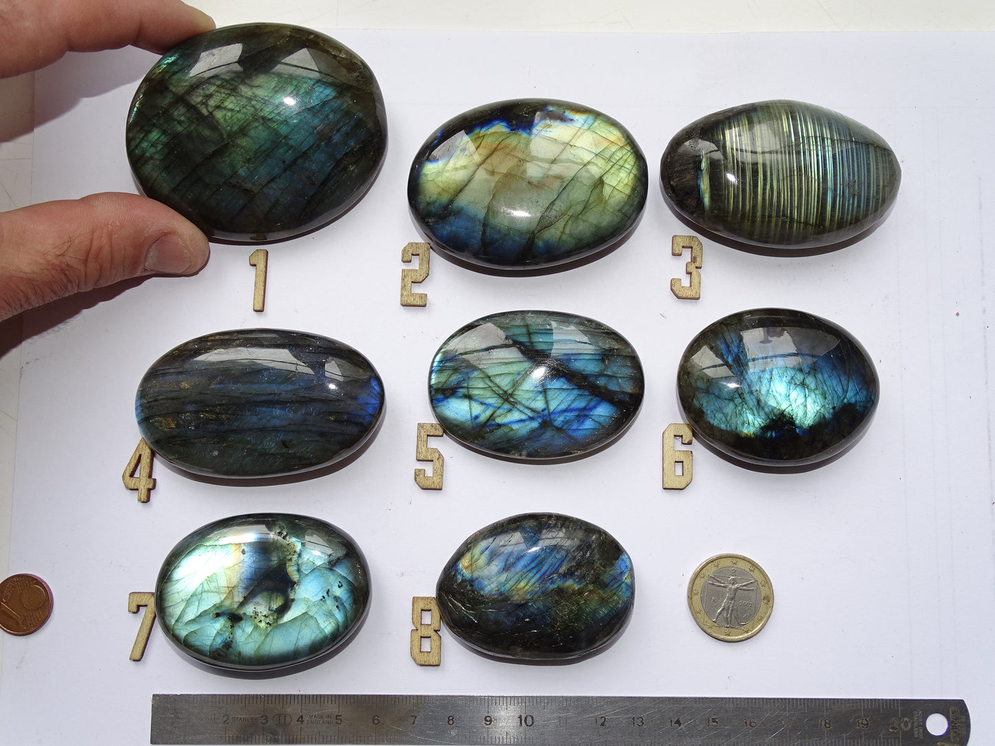 Labradorite, a selection of pebbles/flat stones, in a choice of designs, approximately 6x4x1.5 cm. A good size for massage stones. Very high quality, with incredible hologram reflections, perfect!
