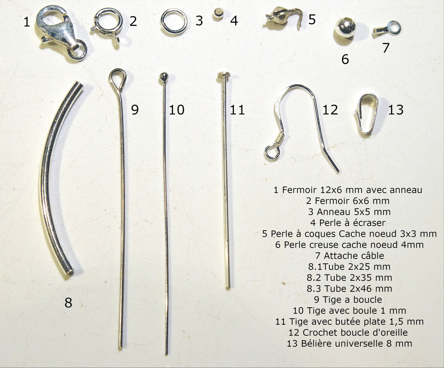 Les principaux apprêts en Argent 0,925 pour vos créations et réparations ! Fermoirs, anneaux, perles, tiges, bélières, boucles d'oreilles... Très bonne qualité !