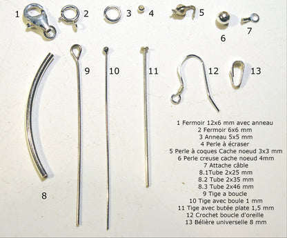 Les principaux apprêts en Argent 0,925 pour vos créations et réparations ! Fermoirs, anneaux, perles, tiges, bélières, boucles d'oreilles... Très bonne qualité !