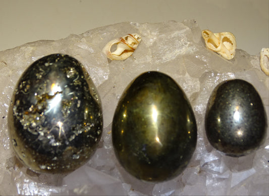 Sélection d'oeufs en pyrite et chalcopyrite, de 45 à 146 grammes, de 30 à 47 millimètres de diamètre. Très belle qualité, parfait pour la lithothérapie, collection, exposition...!